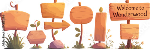 Cartoon wooden signboards with inspirational words in forest nature scene, playful adventure concept illustration for motivation, exploration, and creativity themes