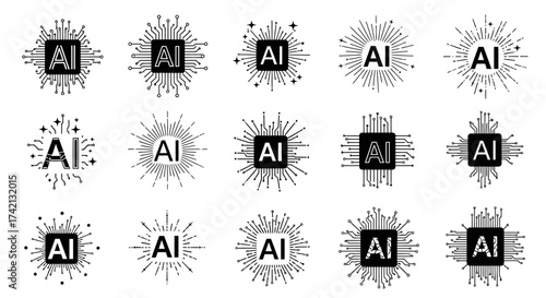 Collection of AI icons in various black and white designs.