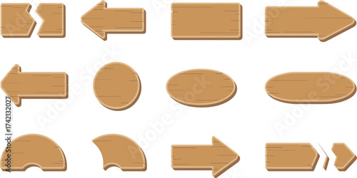 Collection of wooden signboard shapes with arrows and circles, rustic cartoon wood planks for game UI, adventure design illustration