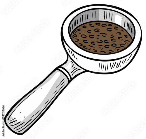 Sketch Style Coffee Grounds in a Portafilter Basket: Espresso Preparation for Barista Equipment and Coffee Drink