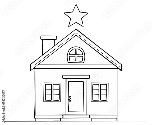 Simple cartoon house with star on roof, doodle style