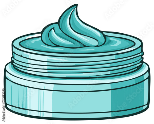 Open teal cosmetic cream jar with a fresh product swirl, vector illustration