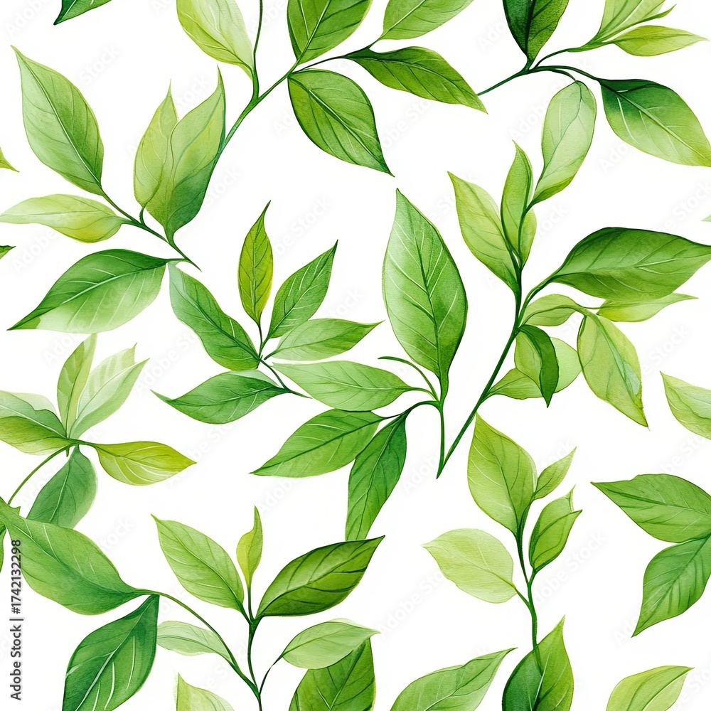 Fototapeta premium Seamless pattern of fresh green leaves on white background, natural foliage texture for botanical design and fabric.