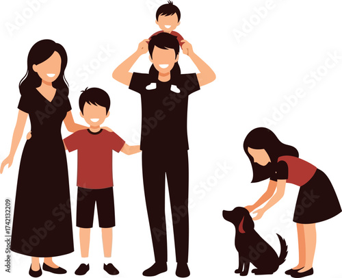 Illustration of a family with two parents two children and a dog editable stock