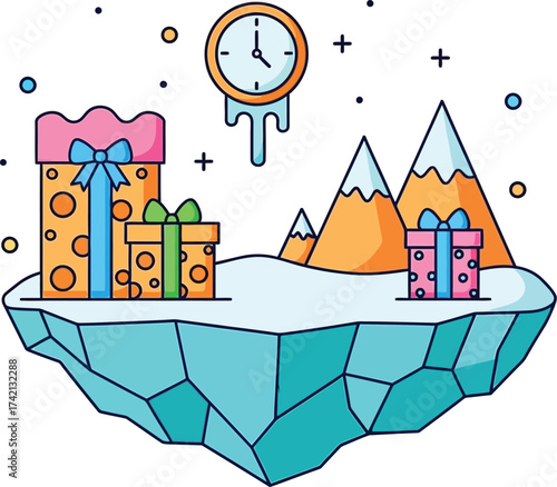 Cartoon illustration of gifts clock and mountains on ice floe editable stock