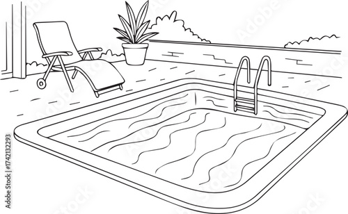 Hotel swimming pool line illustration, vector hand drawn water resort rest outline print, spa chair. Summer holiday outdoor doodle, simple luxury villa swim business concept. Travel swimming pool icon