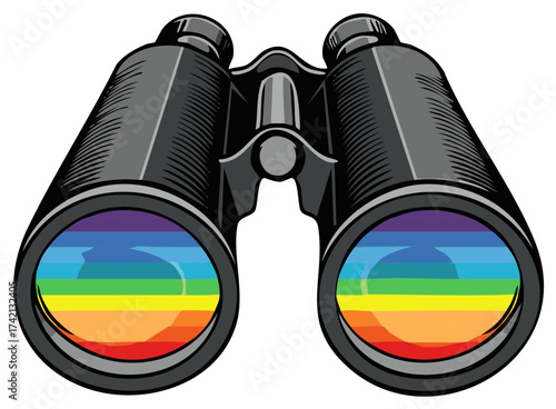Gray binoculars with lenses reflecting a brilliant rainbow spectrum symbolizing expanded vision and inclusive exploration.