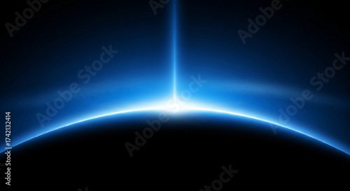 Glowing blue light effect on a black background with curved horizon.