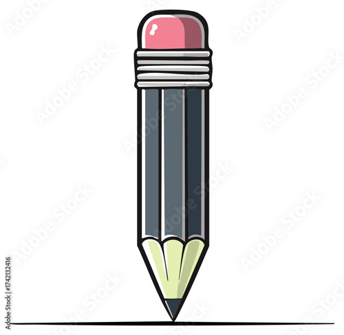 A sharp pencil with a pink eraser tip drawing a straight line.