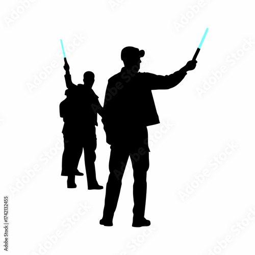 Airport worker silhouette guiding airplane with signal batons isolated on white background