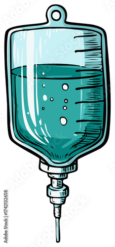 Hand-drawn cartoon of a medical IV drip bag filled with blue liquid and bubbles