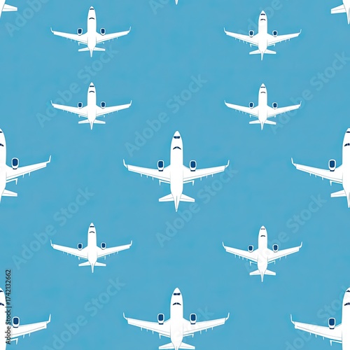 Seamless aviation pattern with white airplanes on blue background, travel-themed minimal design for textile and print.