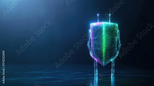 Futuristic Robot with Shield in Neon Light Environment