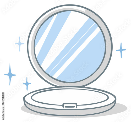 Powder Compact and Reflection Illustration Cute Cartoon Open Makeup Mirror Vanity Container Sparkle Elements