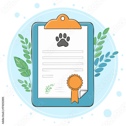 Veterinary certificate with paw print, seal and green leaves.