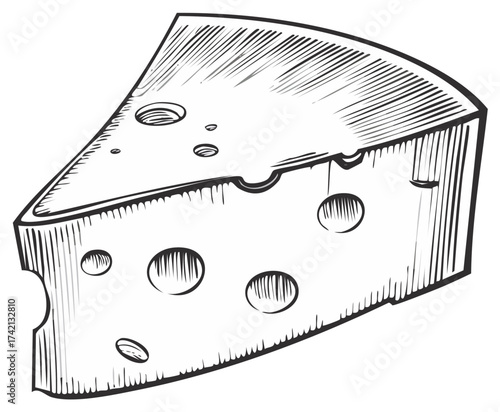 Line art wedge of Swiss cheese with holes