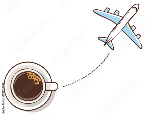 Coffee cup and airplane illustration suggesting travel or vacation planning