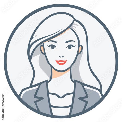 Stylized portrait of a confident woman with flowing hair wearing a business suit