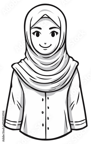 Smiling woman wearing traditional headscarf and modest buttoned shirt vector illustration.