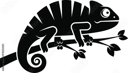 Stylized black silhouette of a chameleon perched on a tree branch with leaves