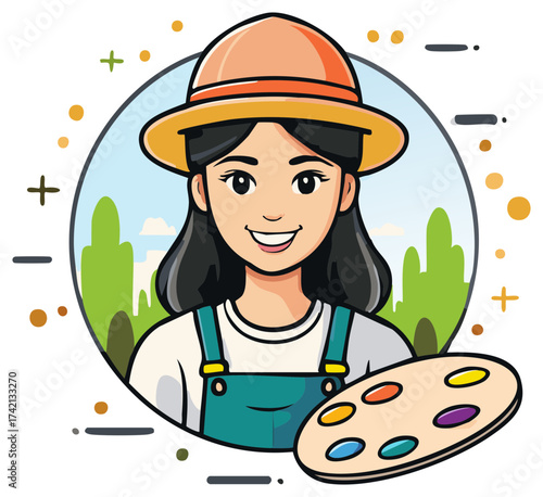 Cartoon Woman Artist Painting in Field with Palette Wearing Overalls and Hat