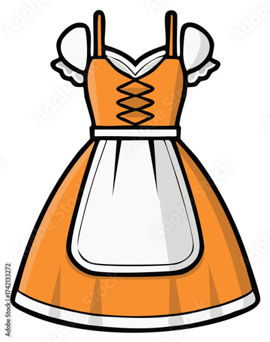 Cartoon illustration of a traditional orange German dirndl dress with apron and lace-up bodice