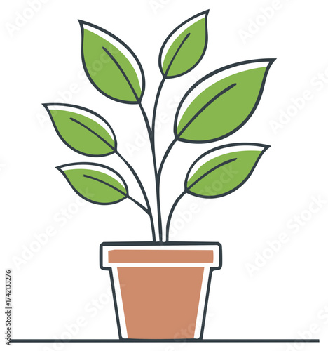 Minimalist potted houseplant line art illustration with green leaves representing growth and nature.