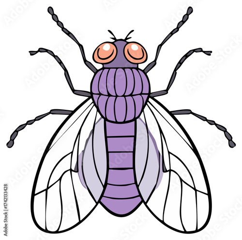 Stylized Purple Fly Illustration with Large Compound Eyes and Transparent Wings