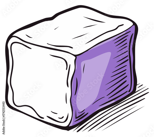 Purple and white cube drawing with black outline and shadows