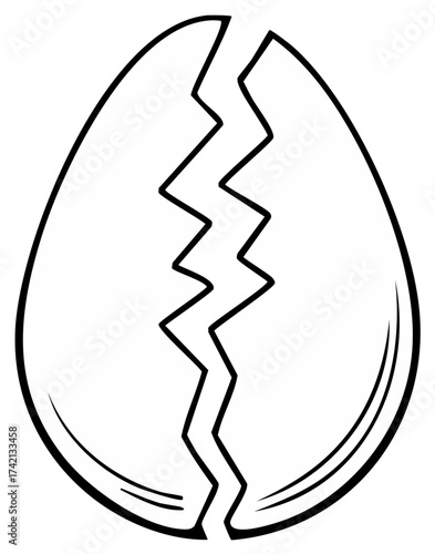 Black and white drawing of a cracked eggshell split into two halves simple outline illustration