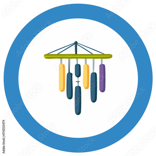 Ornamental wind chime with hanging rods inside a blue circular frame illustration