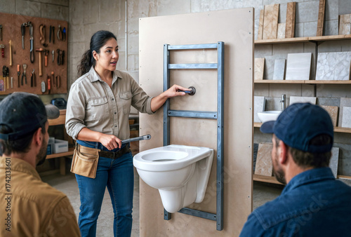 Female plumber demonstrating a wall-hung toilet installation to two men in a workshop.