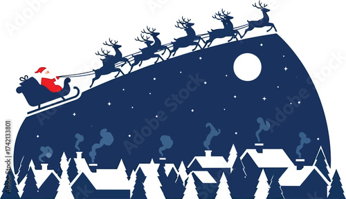 Santa Claus and reindeer fly over a snowy village under a starry night sky, spreading holiday cheer.