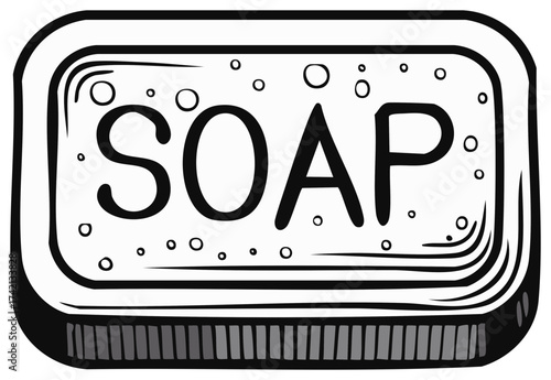 Black and white hand drawn illustration of a bar of soap with bubbles in a soap dish holder