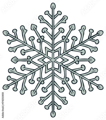 Detailed intricate snowflake illustration representing winter ice and frosty cold crystal design