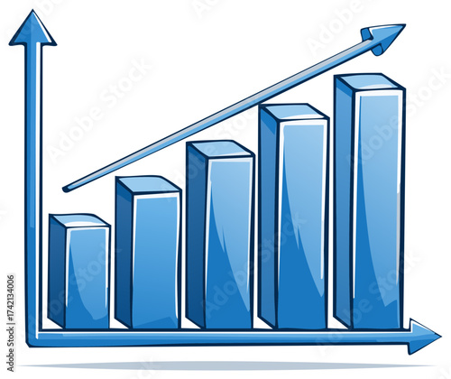 Hand drawn blue bar chart showing upward growth and financial success with a trend arrow