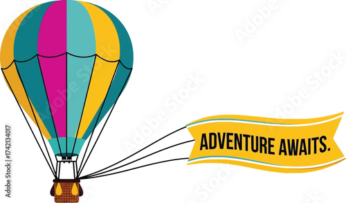 Colorful hot air balloon soaring with a banner proclaiming "Adventure Awaits."
