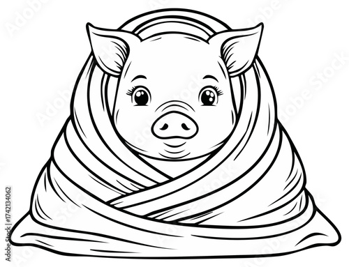 Cute Little Piglet Wrapped in a Blanket Black and White Line Art