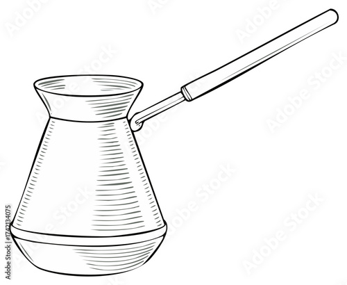 Hand drawn illustration of traditional Turkish coffee pot, cezve, for brewing coffee, isolated