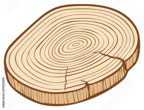 Illustrated Tree Slice with Annual Rings and Cracks Flat Graphic Wood Cut Section