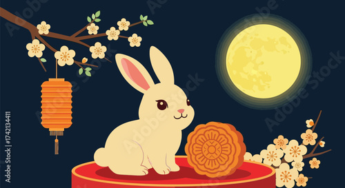 Whimsical rabbit enjoys a festive moonlit night with traditional lantern and mooncake.
