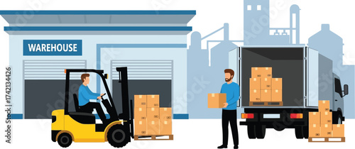 Warehouse workers loading and unloading cargo with a forklift and truck for efficient logistics and delivery.