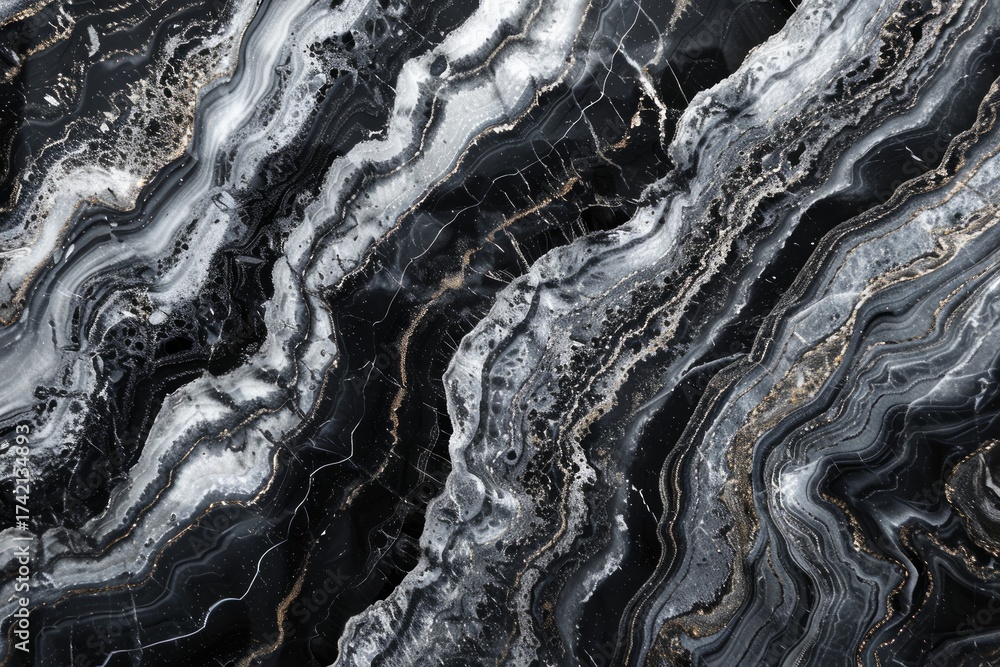 Obraz premium Photo of Black and white kitchen marble top pattern with veins. Background texture for backdrops or mapping