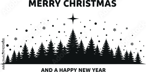 Festive silhouette of pine trees under a starry, snowy sky with Merry Christmas greeting