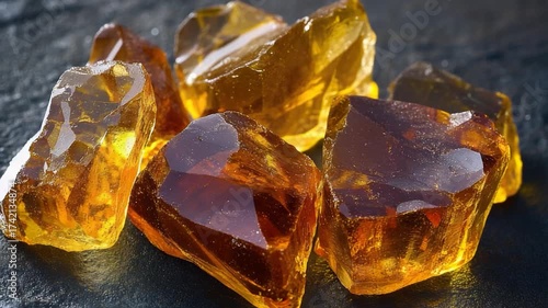 A collection of yellow crystals displayed on a flat surface, suitable for decorative or scientific purposes