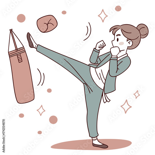Businesswoman in a Suit Kicking the Punching Bag