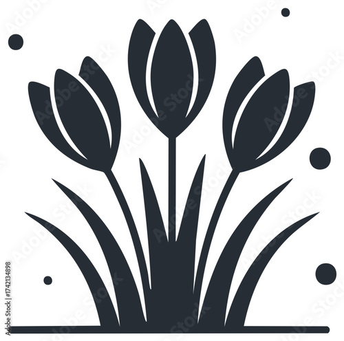 Floral vector graphic of three blooming flowers with leaves and design elements.