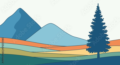 Serene mountain landscape with rolling hills and a lone evergreen tree under a clear sky
