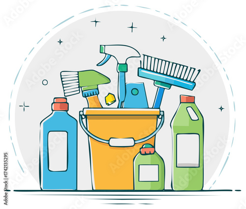 Cartoon illustration of a bucket with cleaning supplies and products.
