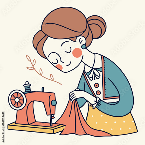 Smiling woman sewing with sewing machine in illustration